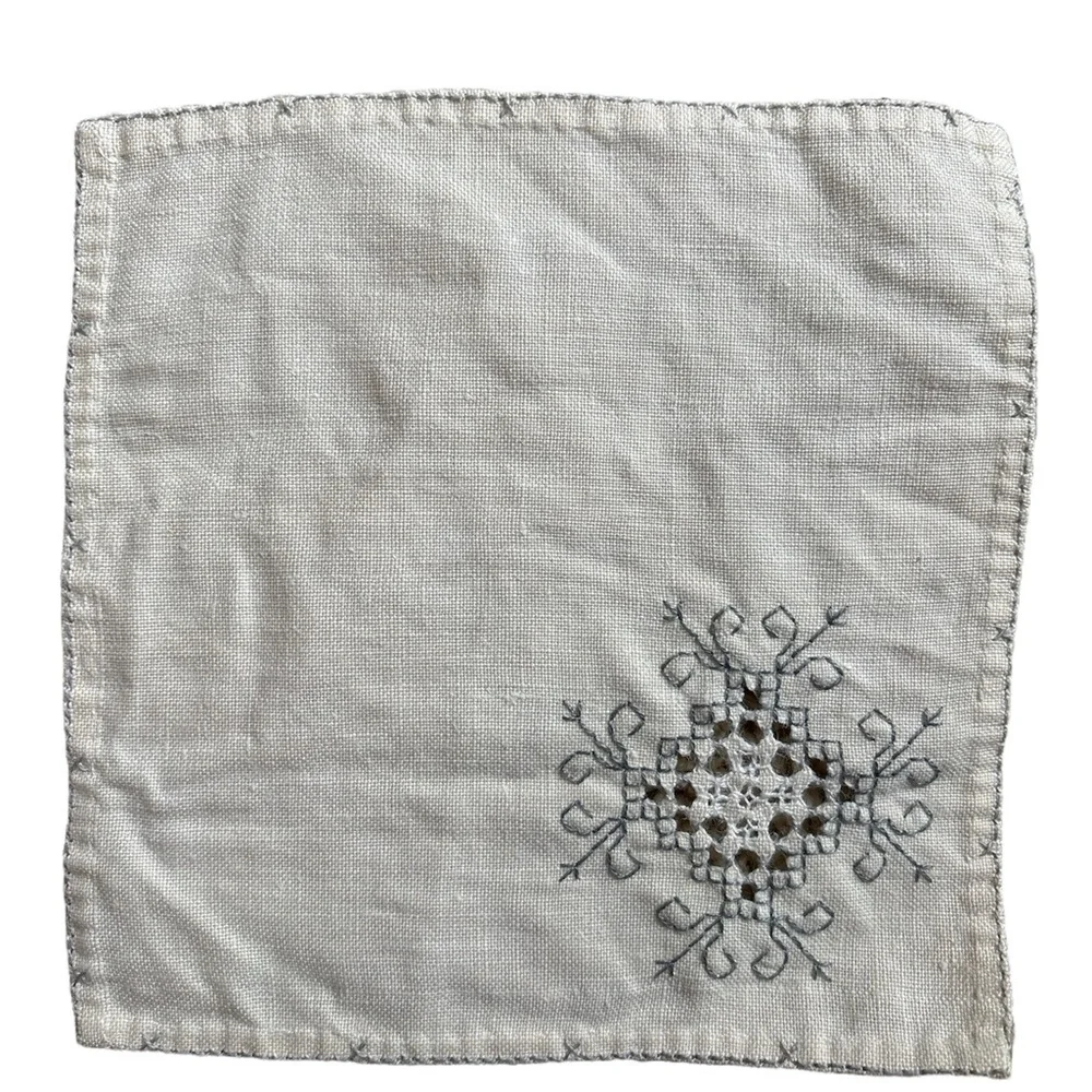 Vintage Tablecloth 5 Napkins Square Approx 40” X‎ 40” Blue Embroidered Cut Outs